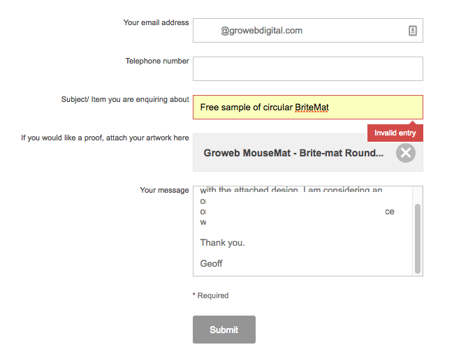 Contact form error screenshot